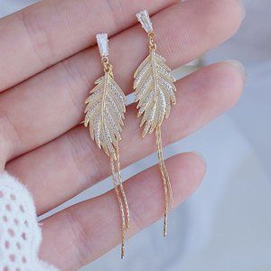 #NEW 14K Gold Plated Diamond Leaf Tassel Earrings